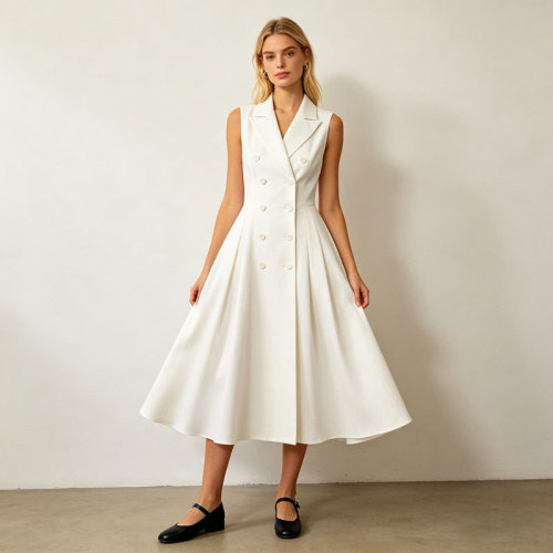Sleeveless Linen Midi Dress Women | Double Breasted Elegant Dress | KOSSR