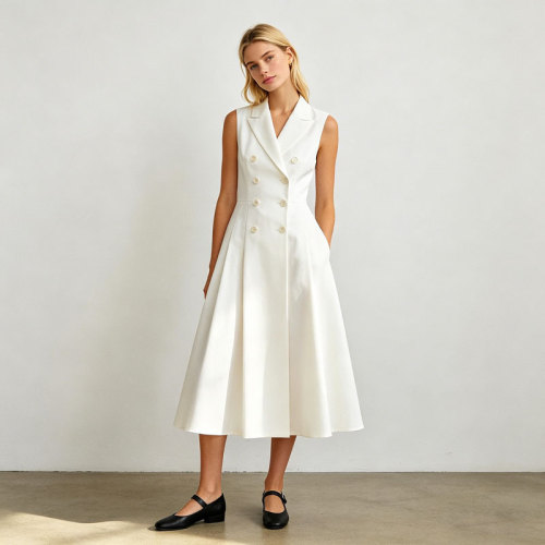 Sleeveless Linen Midi Dress Women | Double Breasted Elegant Dress | KOSSR
