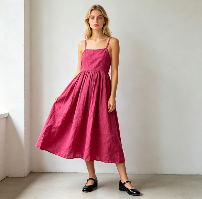 Linen Slip Midi Dress Women | Spaghetti Strap Summer Dress | KOSSR
