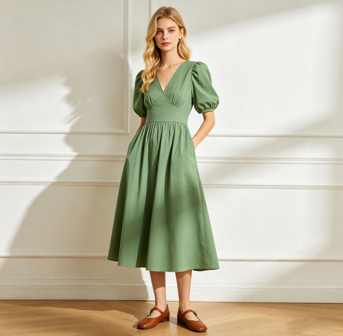 Linen Wrap Dress Women | Puff Sleeve V Neck Midi Dress | KOSSR