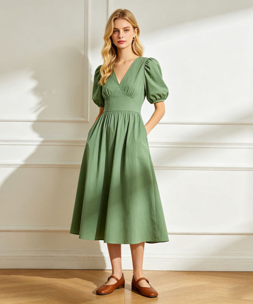 Linen Wrap Dress Women | Puff Sleeve V Neck Midi Dress | KOSSR