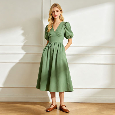 Linen Wrap Dress Women | Puff Sleeve V Neck Midi Dress | KOSSR