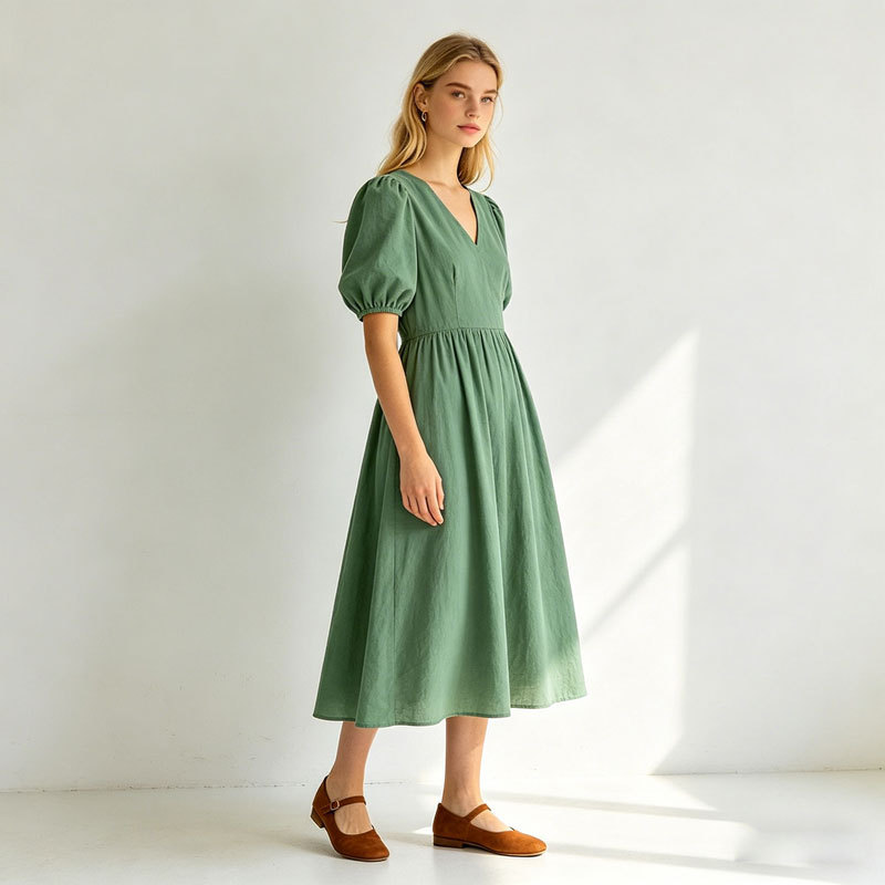 Linen Wrap Dress Women | Puff Sleeve V Neck Midi Dress | KOSSR