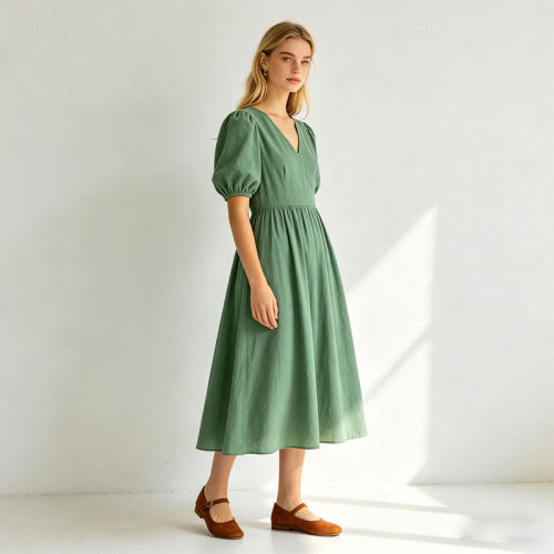 Linen Wrap Dress Women | Puff Sleeve V Neck Midi Dress | KOSSR