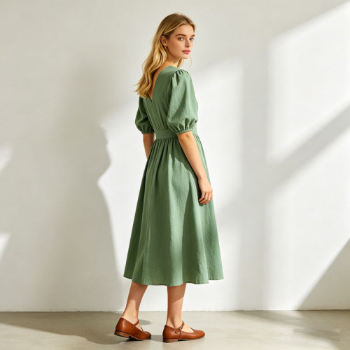 Linen Wrap Dress Women | Puff Sleeve V Neck Midi Dress | KOSSR