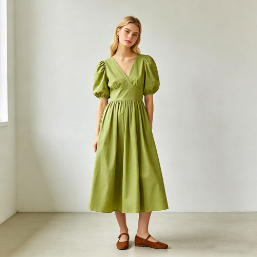 Linen Wrap Dress Women | Puff Sleeve V Neck Midi Dress | KOSSR