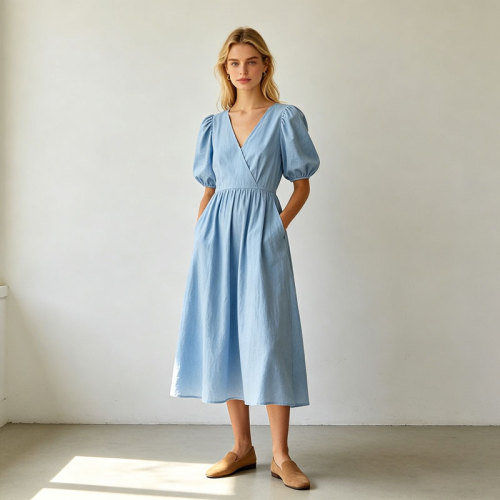 Linen Wrap Dress Women | Puff Sleeve V Neck Midi Dress | KOSSR