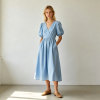Linen Wrap Dress Women | Puff Sleeve V Neck Midi Dress | KOSSR