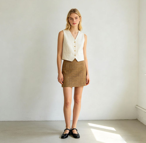 Linen Mini Skirt Women | Plaid High Waist A-Line Skirt | KOSSR