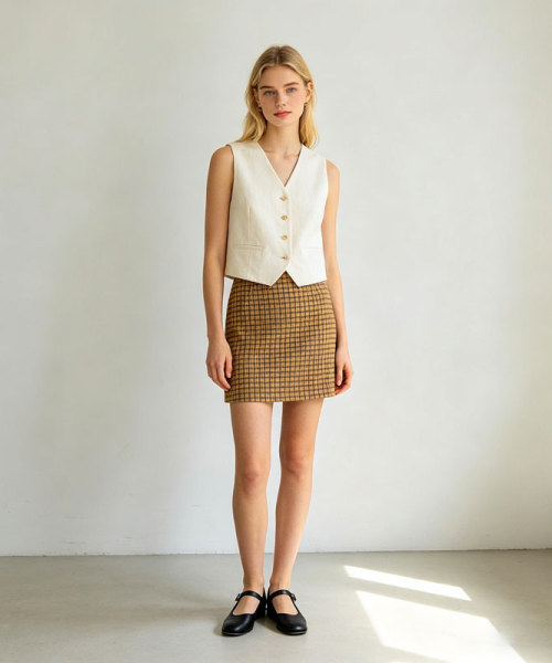 Linen Mini Skirt Women | Plaid High Waist A-Line Skirt | KOSSR