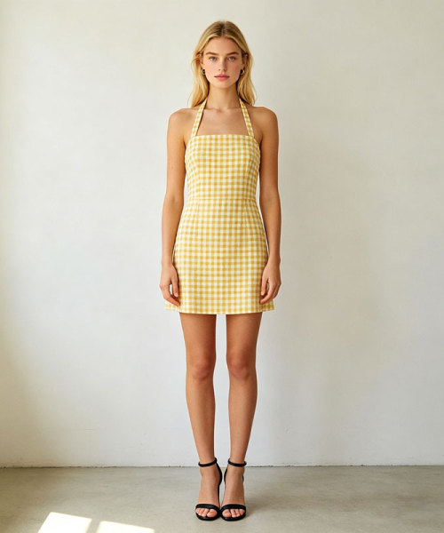 Yellow Gingham Linen Mini Dress | Halter Summer Dress for Women | KOSSR