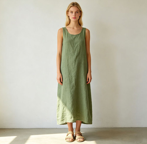 Sage Green Linen Maxi Dress | Sleeveless Waist Tie Summer Dress | KOSSR