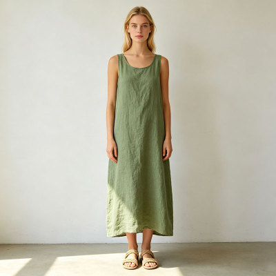 Sage Green Linen Maxi Dress | Sleeveless Waist Tie Summer Dress | KOSSR