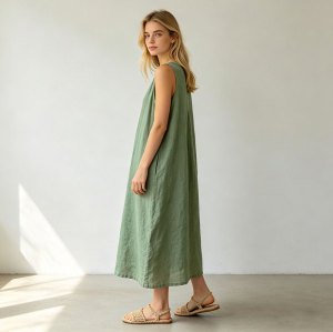 Sage Green Linen Maxi Dress | Sleeveless Waist Tie Summer Dress | KOSSR