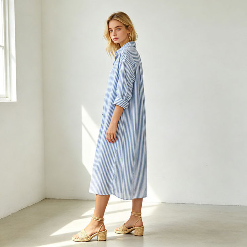 Blue Striped Linen Shirt Dress Women | Belted Midi Summer Dress | KOSSR