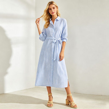 Blue Striped Linen Shirt Dress Women | Belted Midi Summer Dress | KOSSR