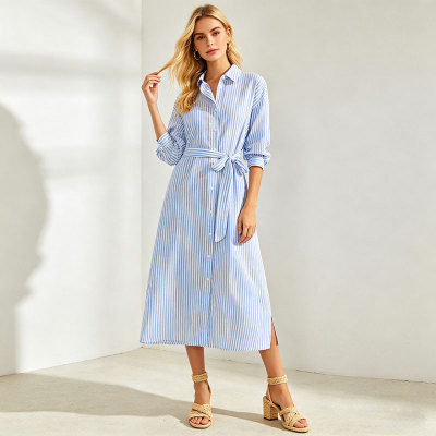Blue Striped Linen Shirt Dress Women | Belted Midi Summer Dress | KOSSR