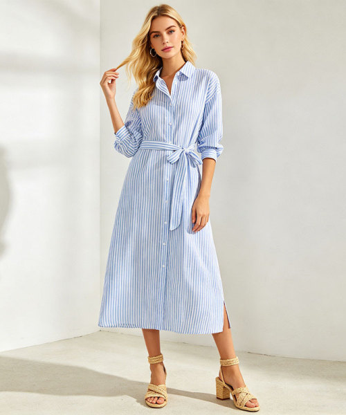 Blue Striped Linen Shirt Dress Women | Belted Midi Summer Dress | KOSSR
