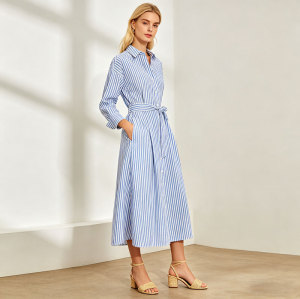 Blue Striped Linen Shirt Dress Women | Belted Midi Summer Dress | KOSSR