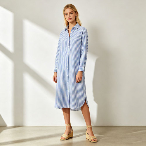 Blue Striped Linen Shirt Dress Women | Belted Midi Summer Dress | KOSSR
