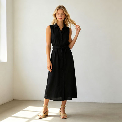 Black Linen Shirt Dress Women | Sleeveless Belted Midi Dress | KOSSR