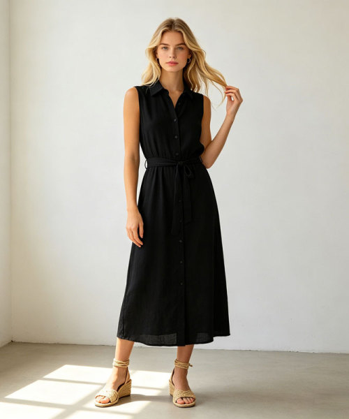 Black Linen Shirt Dress Women | Sleeveless Belted Midi Dress | KOSSR