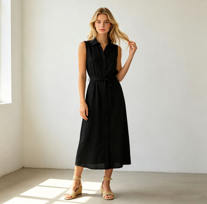 Black Linen Shirt Dress Women | Sleeveless Belted Midi Dress | KOSSR