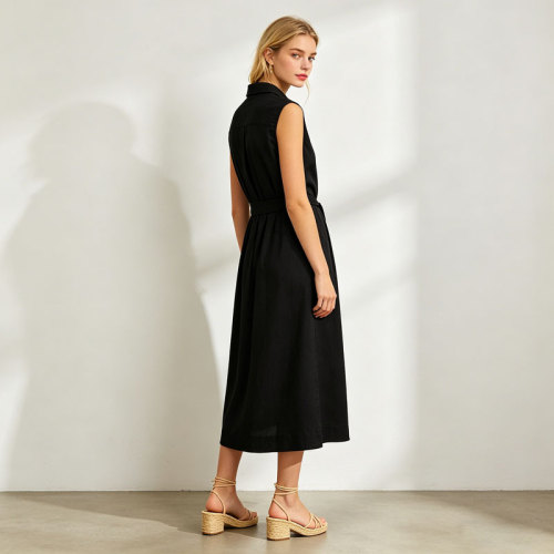 Black Linen Shirt Dress Women | Sleeveless Belted Midi Dress | KOSSR