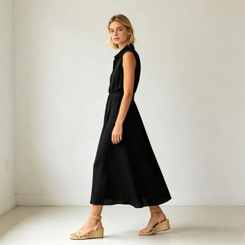Black Linen Shirt Dress Women | Sleeveless Belted Midi Dress | KOSSR