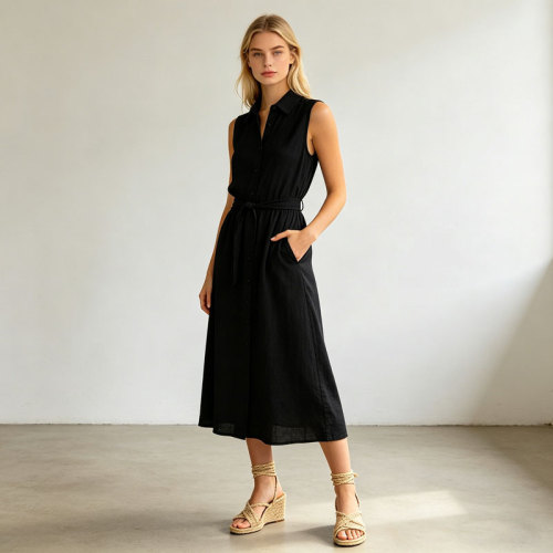 Black Linen Shirt Dress Women | Sleeveless Belted Midi Dress | KOSSR
