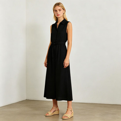 Black Linen Shirt Dress Women | Sleeveless Belted Midi Dress | KOSSR