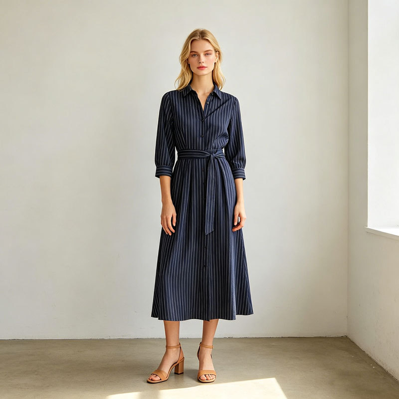 Striped Linen Shirt Dress Women | Navy Belted Midi Dress | KOSSR