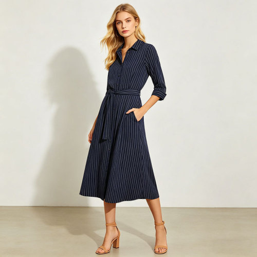 Striped Linen Shirt Dress Women | Navy Belted Midi Dress | KOSSR