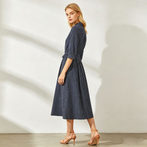 Striped Linen Shirt Dress Women | Navy Belted Midi Dress | KOSSR