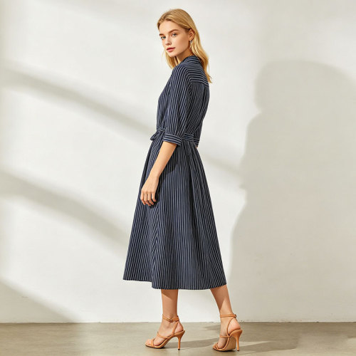 Striped Linen Shirt Dress Women | Navy Belted Midi Dress | KOSSR