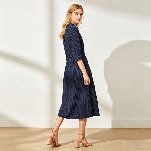 Striped Linen Shirt Dress Women | Navy Belted Midi Dress | KOSSR