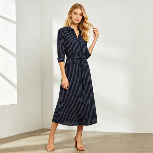 Striped Linen Shirt Dress Women | Navy Belted Midi Dress | KOSSR