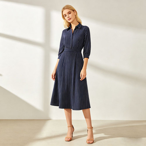 Striped Linen Shirt Dress Women | Navy Belted Midi Dress | KOSSR