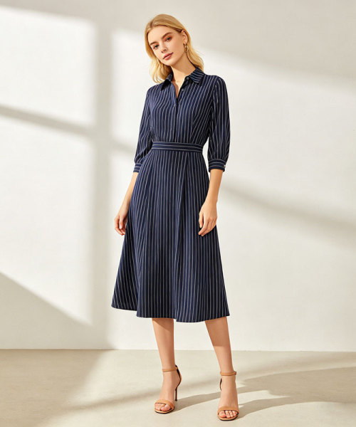 Striped Linen Shirt Dress Women | Navy Belted Midi Dress | KOSSR