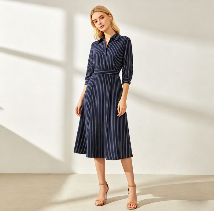 Striped Linen Shirt Dress Women | Navy Belted Midi Dress | KOSSR