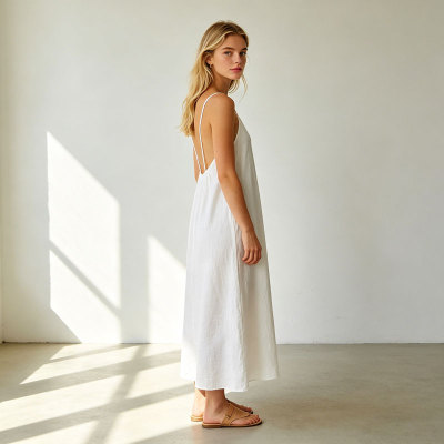 Linen Slip Midi Dress Women | Spaghetti Strap Summer Dress | KOSSR