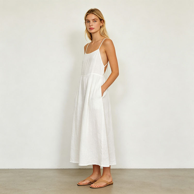 White Linen Slip Maxi Dress for Women