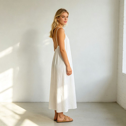 Linen Slip Midi Dress Women | Spaghetti Strap Summer Dress | KOSSR