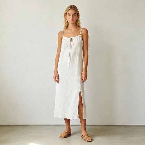 White Linen Slip Maxi Dress for Women | Minimal Summer Linen Dress | KOSSR
