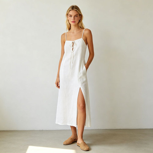 White Linen Slip Maxi Dress for Women | Minimal Summer Linen Dress | KOSSR
