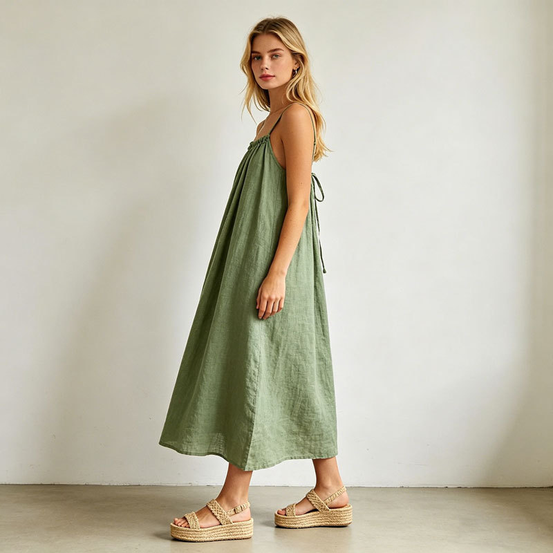 Sage Green Linen Slip Maxi Dress for Women
