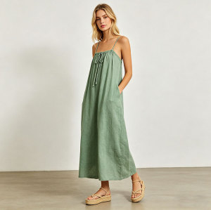 Sage Green Linen Maxi Dress for Women | Relaxed Resort Linen Dress | KOSSR