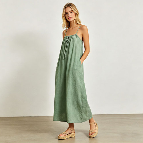 Sage Green Linen Maxi Dress for Women | Relaxed Resort Linen Dress | KOSSR