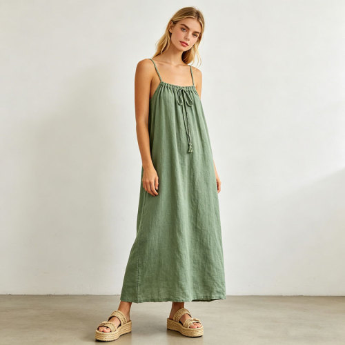 Sage Green Linen Maxi Dress for Women | Relaxed Resort Linen Dress | KOSSR
