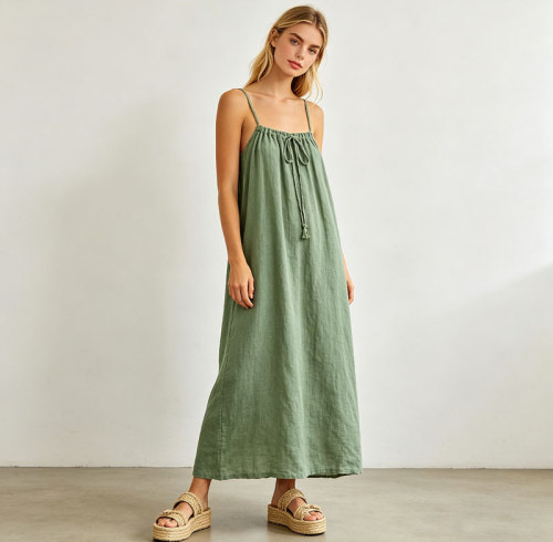 Sage Green Linen Maxi Dress for Women | Relaxed Resort Linen Dress | KOSSR